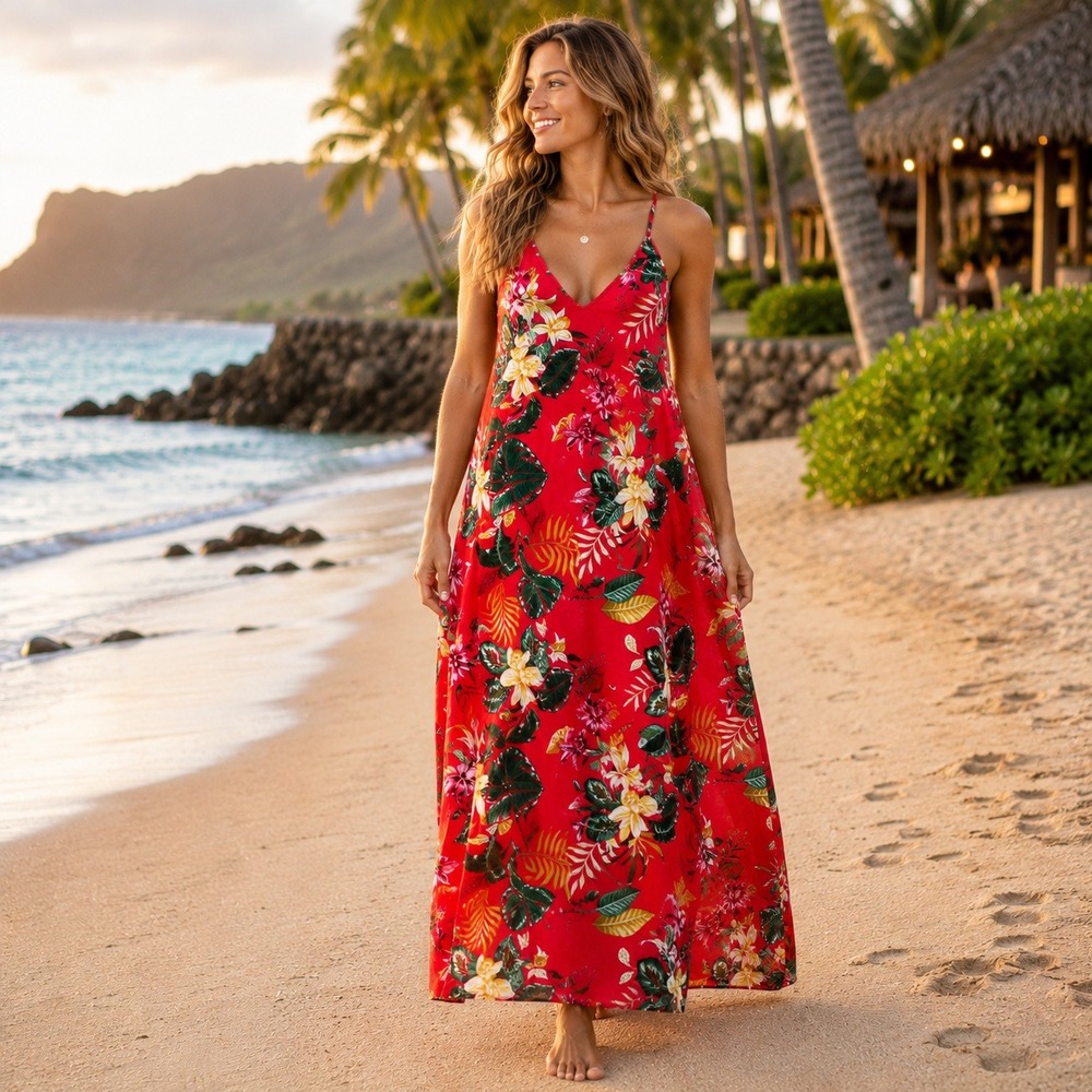 old navy beach dresses Womens Large Red Tropical Floral Rayon Maxi Dress Adjustable Straps Size:41 Short and xl (18)machine wash 03-20-26 Argent Bias-Cut Viscose Satin